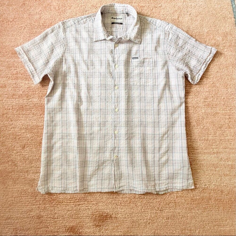 Barbour Men’s L Seersucker Plaid Short Sleeve Button Up Shirt Cotton Regular Fit